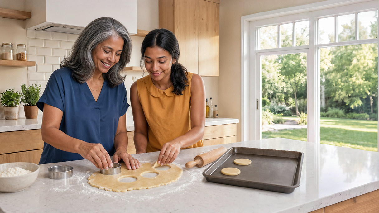 Two women baking together in a kitchen