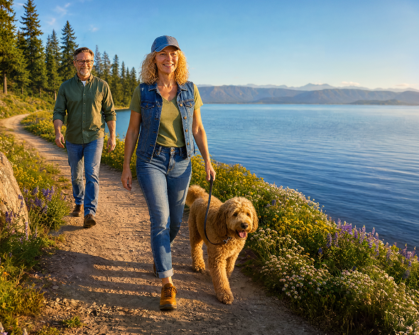 Man and woman walking their dog on a trail beside a lake