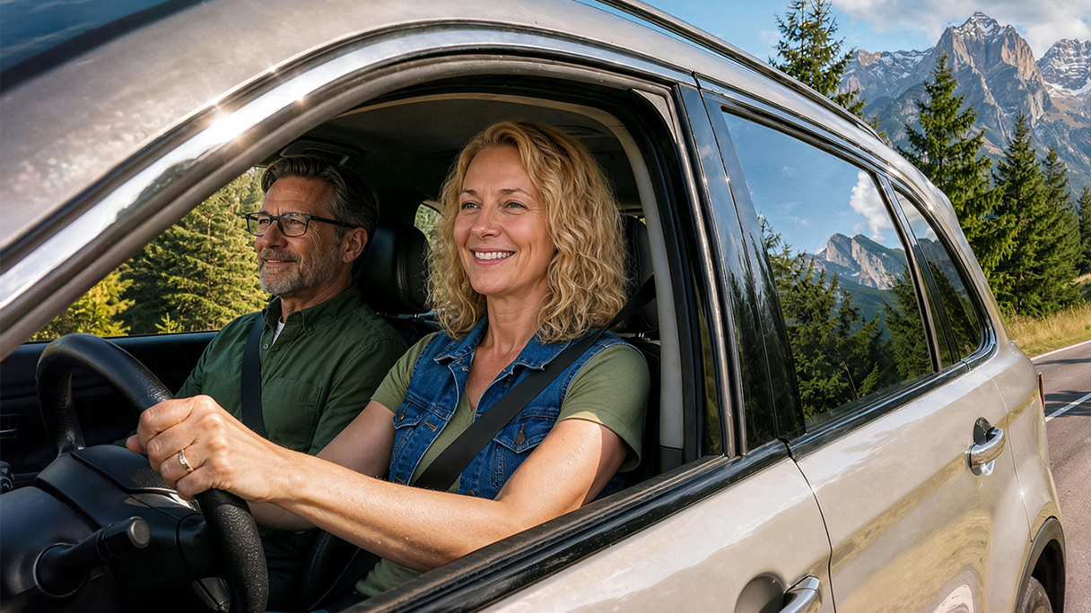 Man and woman travelling by car on a mountain road